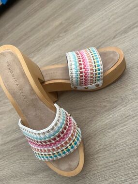 Veronica Beard White Multicolor Woven Braided Platform Mules